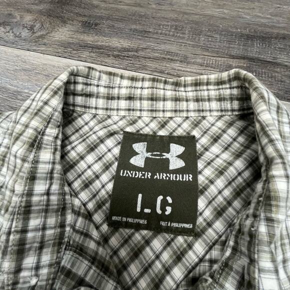 Under Armour White Green Mens Large Tartan‎ Plaid Short Sleeve Button Up Shirt - Picture 4 of 9